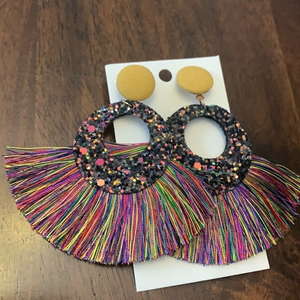 Multicolored Rainbow Boho Glitter Tassel Statement Earrings - Picture 6 of 7